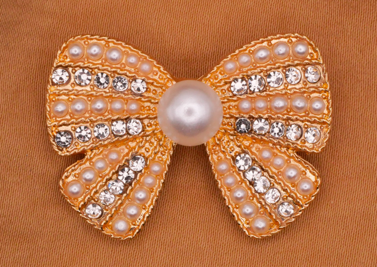 Bow Rhinestone Pearl Gold Metal Large Button 25x35mm