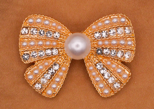 Bow Rhinestone Pearl Gold Metal Large Button 25x35mm