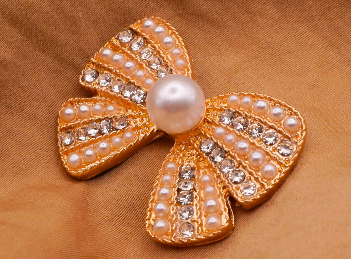 Bow Rhinestone Pearl Gold Metal Large Button 25x35mm