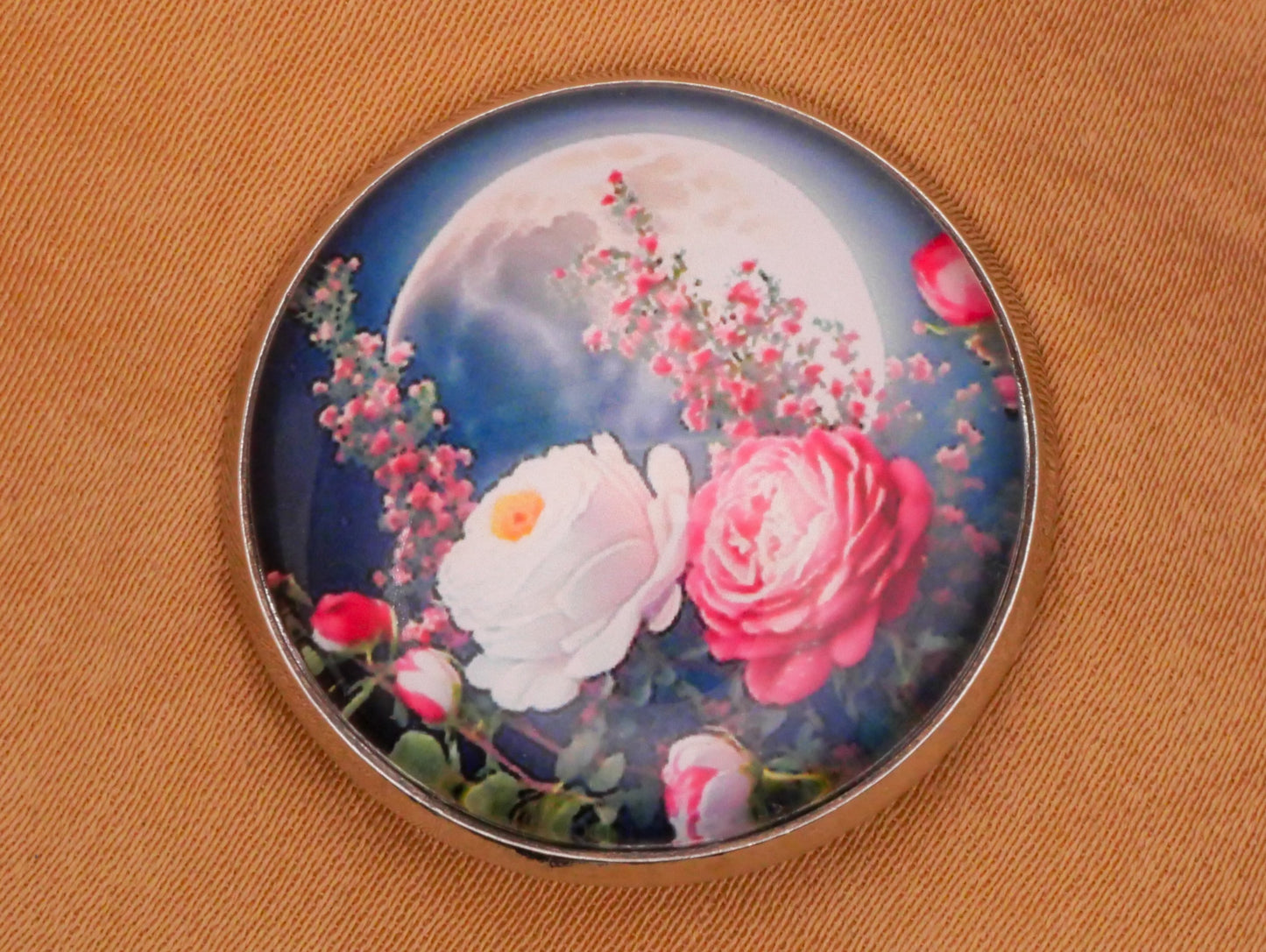 Moon Cabbage Roses Blue Pink Glass Dome Silver Metal Button 27mm