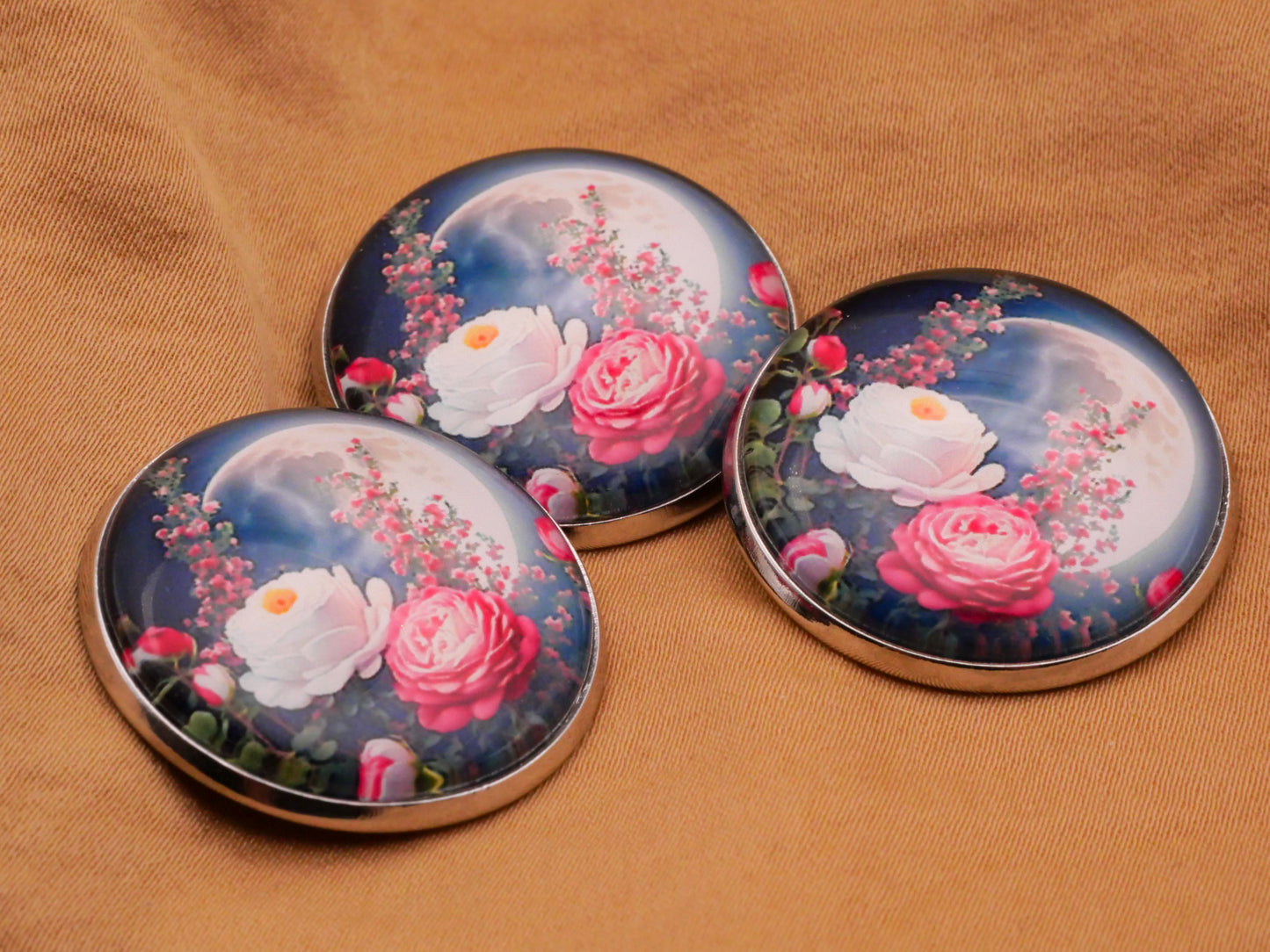 Moon Cabbage Roses Blue Pink Glass Dome Silver Metal Button 27mm