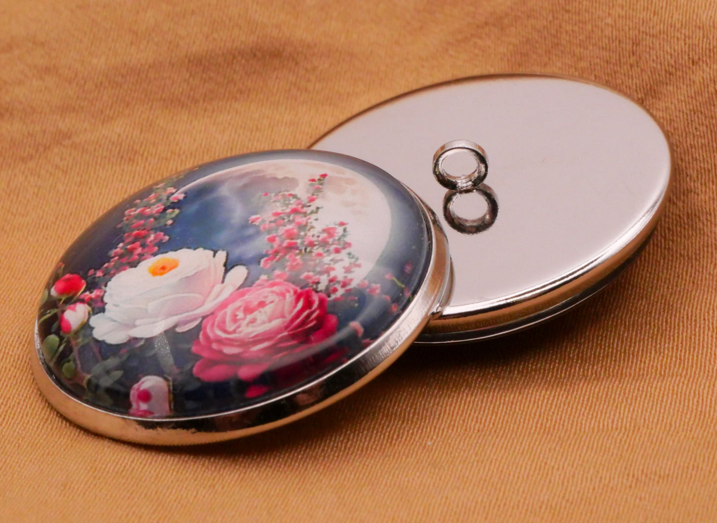 Moon Cabbage Roses Blue Pink Glass Dome Silver Metal Button 27mm