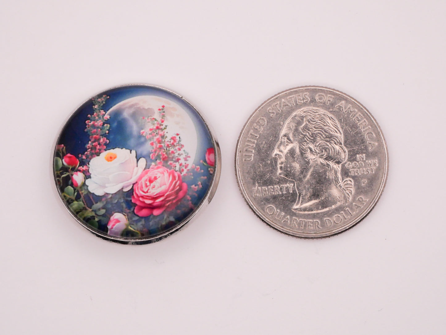 Moon Cabbage Roses Blue Pink Glass Dome Silver Metal Button 27mm