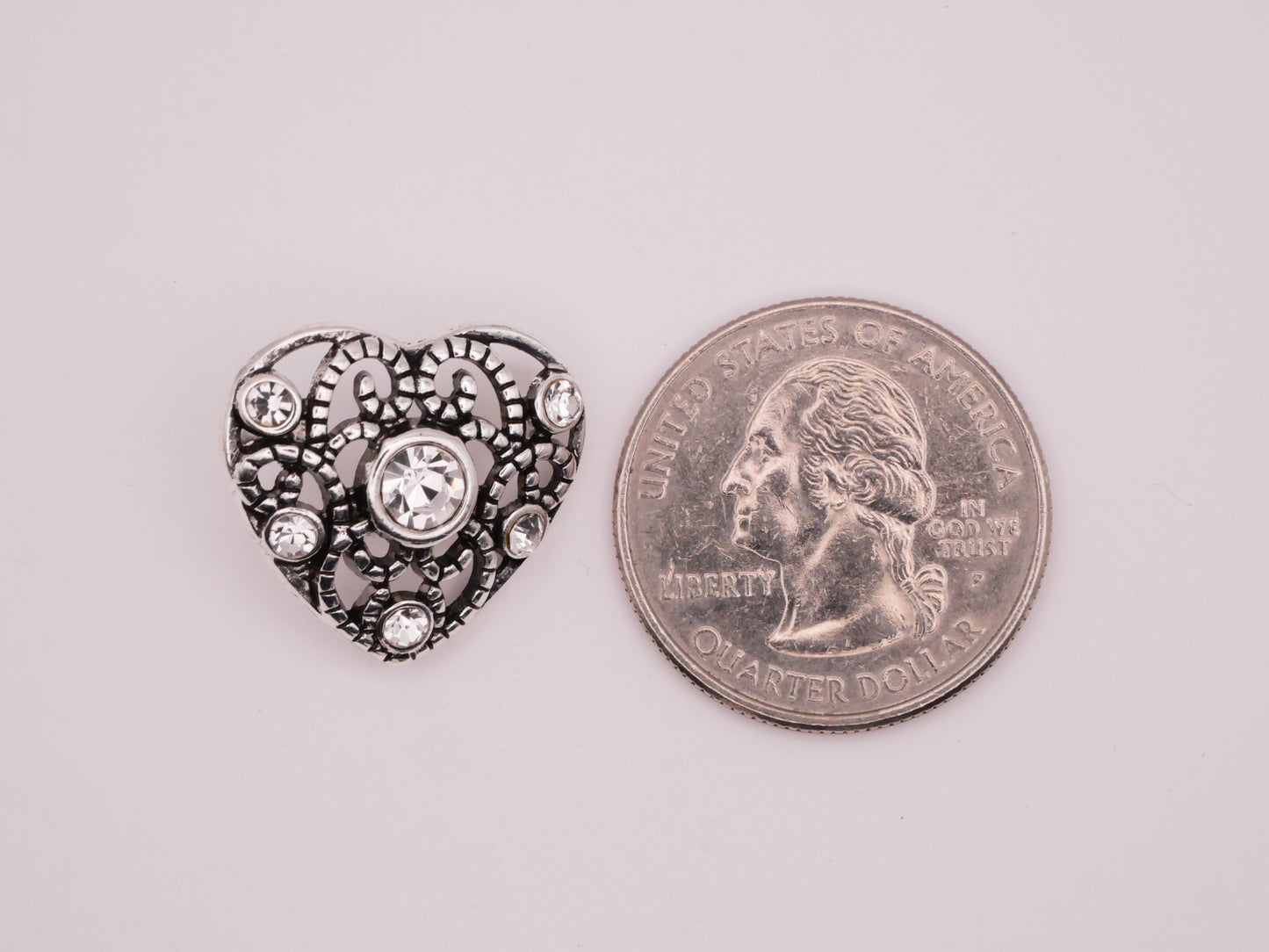 Heart Filigree Rhinestone Openwork Silver Metal Button 18x21mm