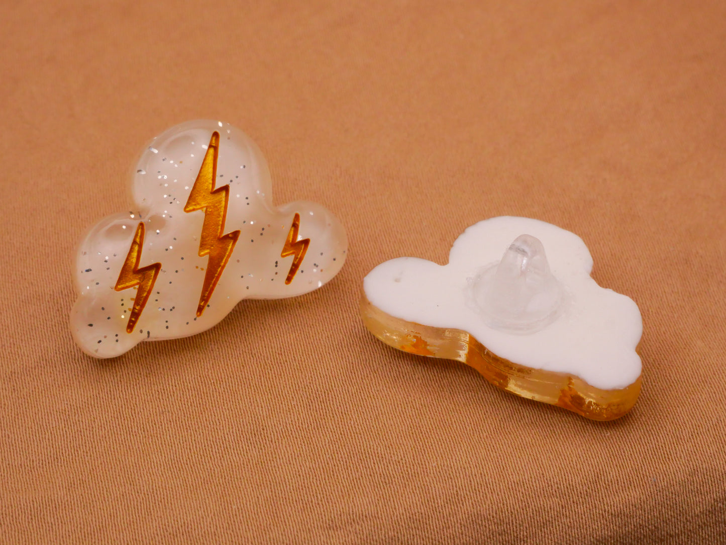 Storm Rain Cloud Lightening Gold Glitter Plastic Button 19x27mm