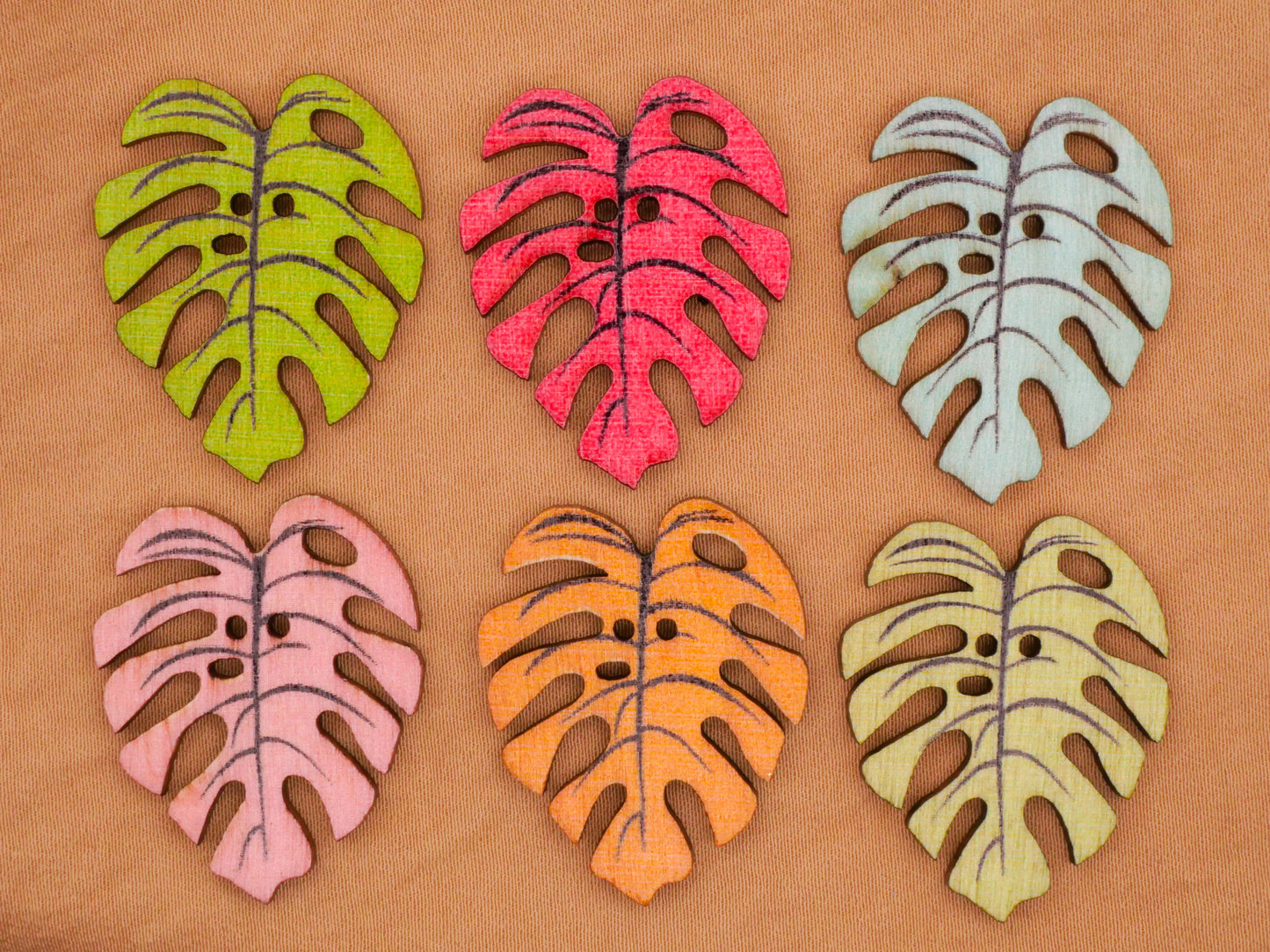 Monstera Leaf Leaves Colorful Wood Set of Ten Buttons 24x29mm