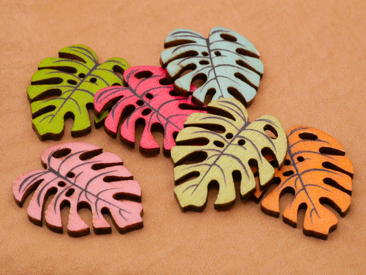 Monstera Leaf Leaves Colorful Wood Set of Ten Buttons 24x29mm