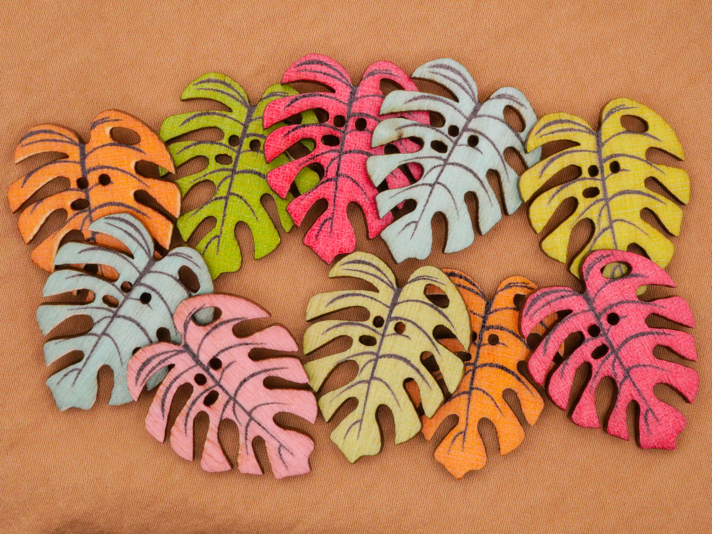 Monstera Leaf Leaves Colorful Wood Set of Ten Buttons 24x29mm