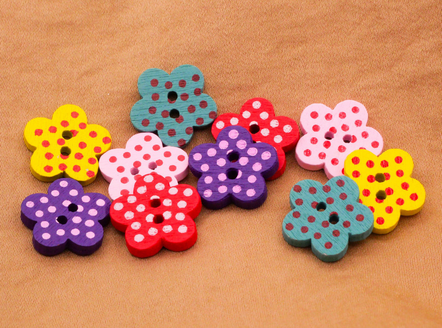 Flower Starfish Polka Dot Colorful Wood Set of Ten Buttons 14mm