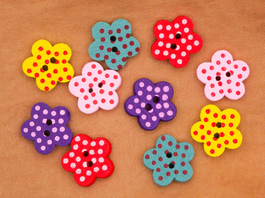 Flower Starfish Polka Dot Colorful Wood Set of Ten Buttons 14mm