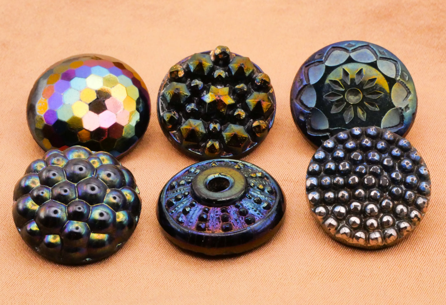 Iridescent Black Glass Sun Star Shell Bubble Vintage Button Various 17-18mm