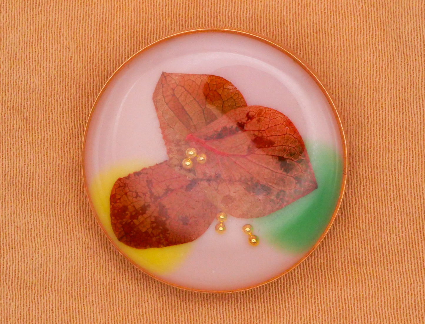 Habitat Like Real Leaves Gold Edge Pink Green Resin Plastic Button 23mm