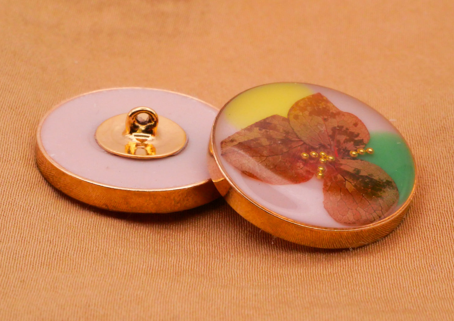 Habitat Like Real Leaves Gold Edge Pink Green Resin Plastic Button 23mm