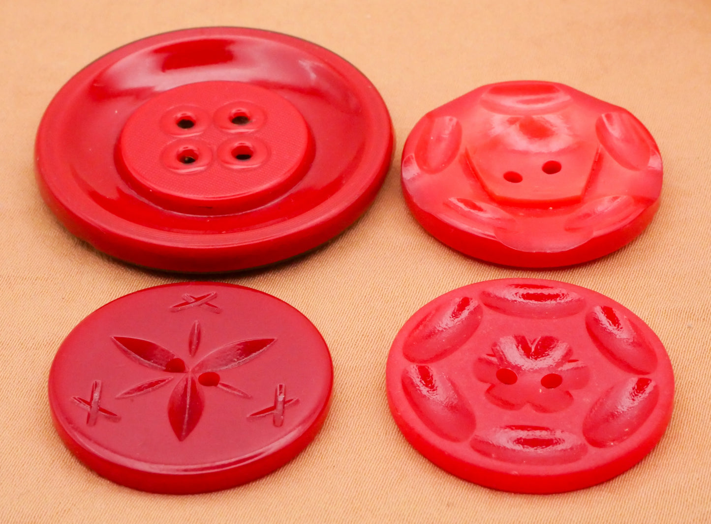 Celluloid Red Tight Top Machine Carved Vintage Early Plastic Button Various 27-38mm