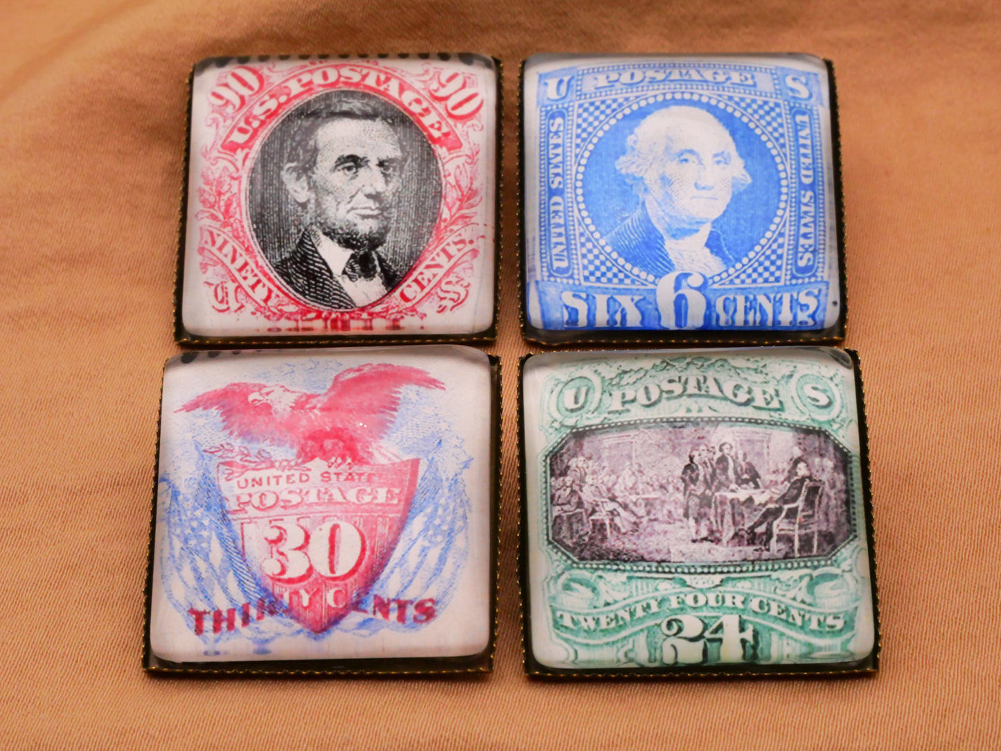 Postage Stamp USA Lincoln Washington Eagle Declaration Square Glass Metal Button Various 26mm