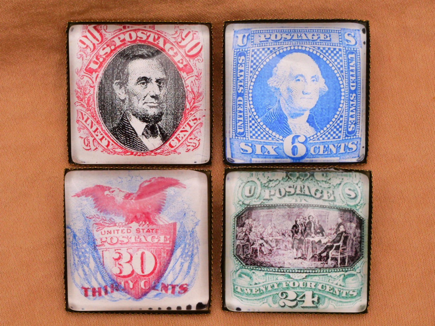 Postage Stamp USA Lincoln Washington Eagle Declaration Square Glass Metal Button Various 26mm