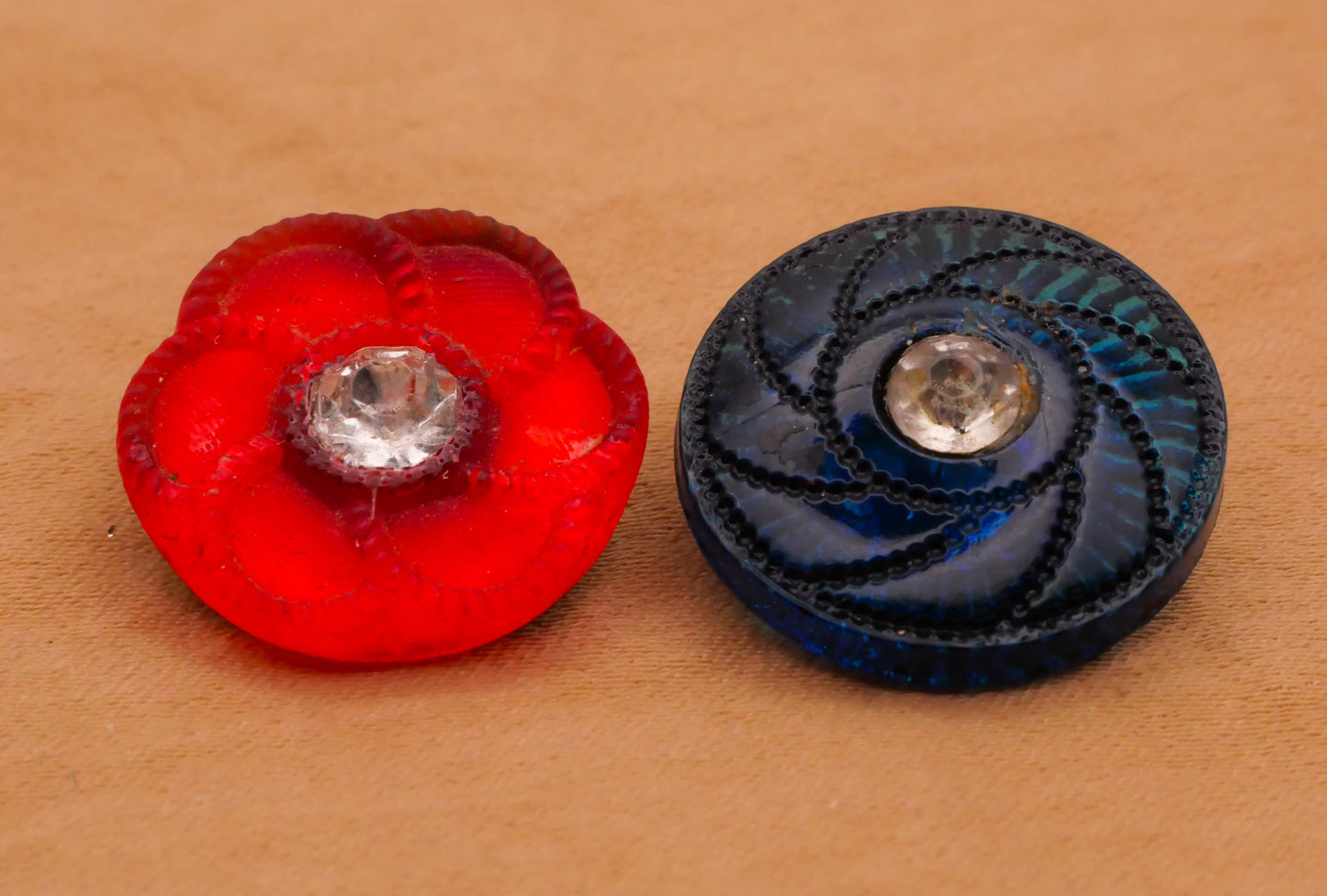 Glass Red Flower Blue Swirl Foil Back Rhinestone Vintage Button Various 18mm