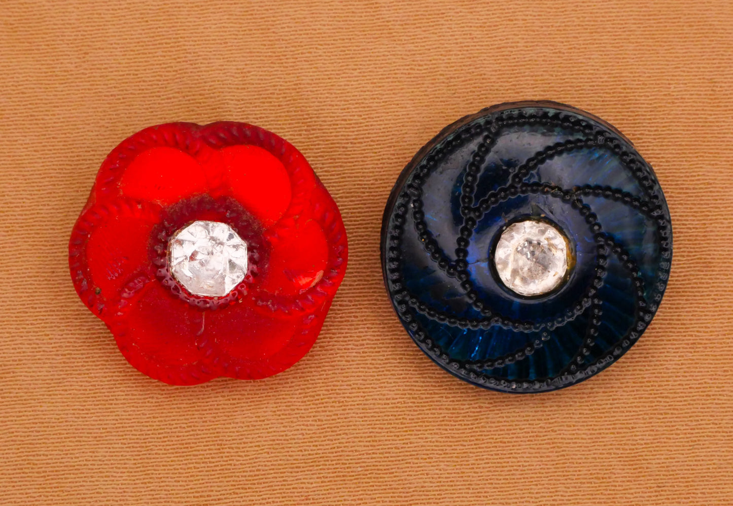 Glass Red Flower Blue Swirl Foil Back Rhinestone Vintage Button Various 18mm