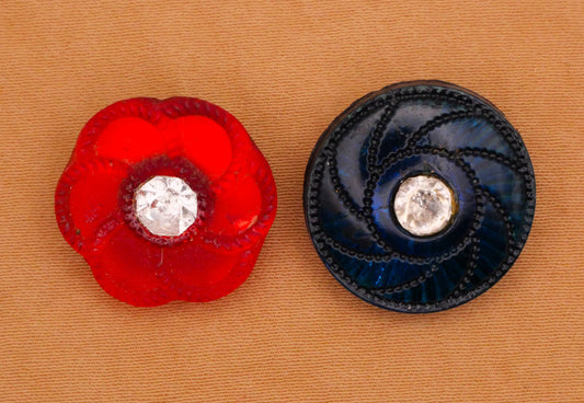 Glass Red Flower Blue Swirl Foil Back Rhinestone Vintage Button Various 18mm