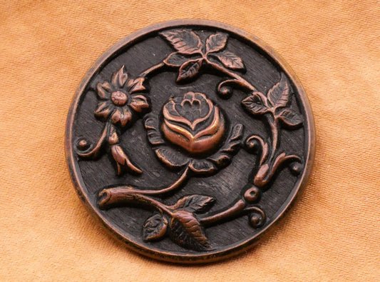 Rose Vine Flower Wood Look Bronze Metal Large Button 35mm