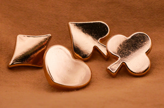 Card Suits Heart Diamond Spade Club Shapes Soft Gold Metal Set of Four Buttons 14x15mm