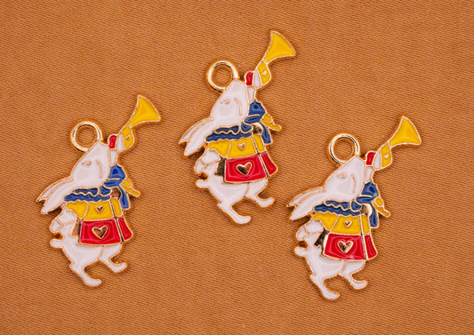 White Rabbit Trumpet Enamel Gold Metal Set of Three Charms 19mm