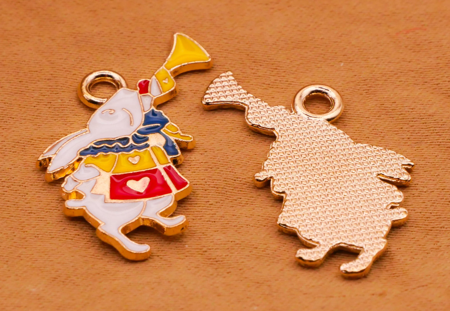 White Rabbit Trumpet Enamel Gold Metal Set of Three Charms 19mm