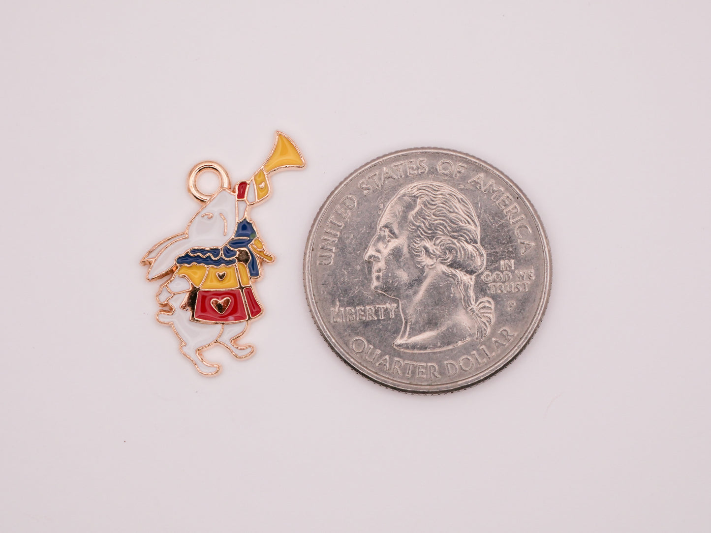 White Rabbit Trumpet Enamel Gold Metal Set of Three Charms 19mm