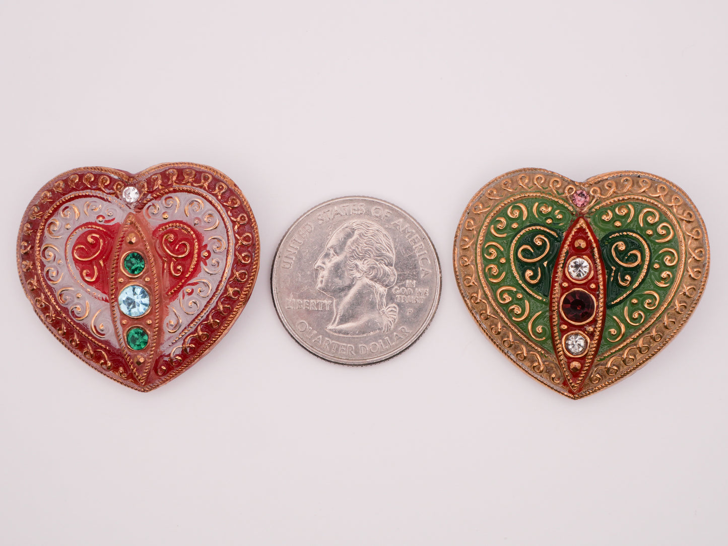 Heart Czech Glass Rhinestone Red Green Vintage Large Button Various 32x35mm