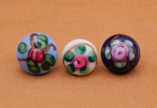 Rose Bud Aqua Blue White Lampwork Glass Button 9-10mm