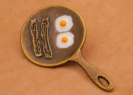 Frying Pan Breakfast Eggs Bacon Bronze Metal Button 24x42mm