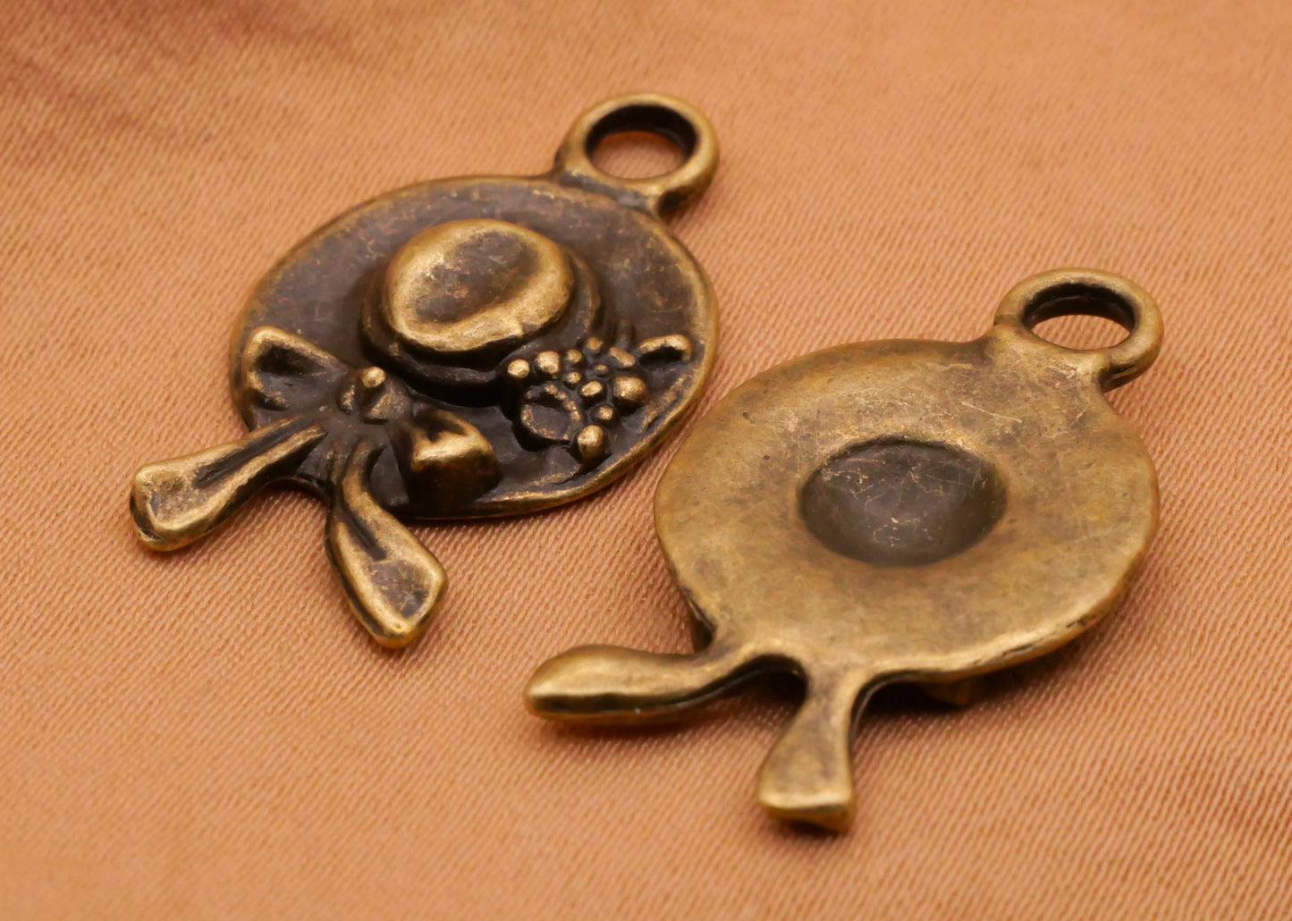 Hat Bonnet Bow Bronze Metal Pair of Charms Embellishments 15x27mm