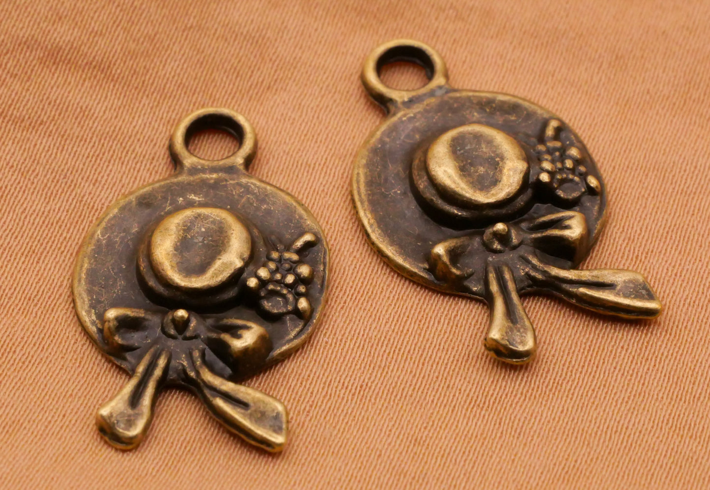 Hat Bonnet Bow Bronze Metal Pair of Charms Embellishments 15x27mm