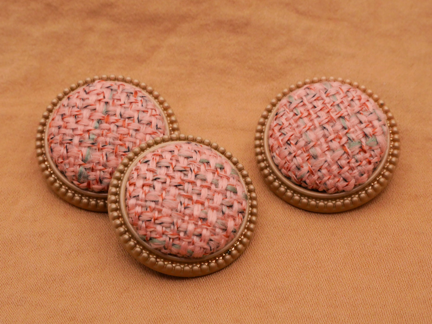 Pink Plaid Woven Fabric Soft Gold Metal Button 25mm