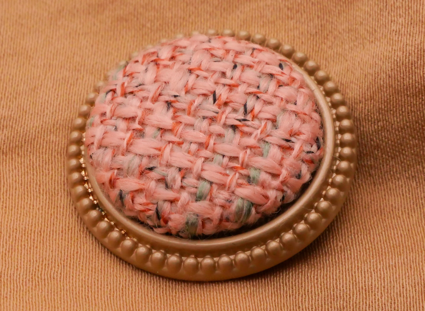 Pink Plaid Woven Fabric Soft Gold Metal Button 25mm