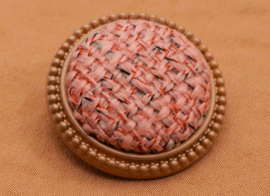 Pink Plaid Woven Fabric Soft Gold Metal Button 25mm