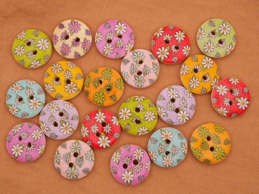 Flowers Daisies Colorful Wood Set of Twenty Buttons 15mm