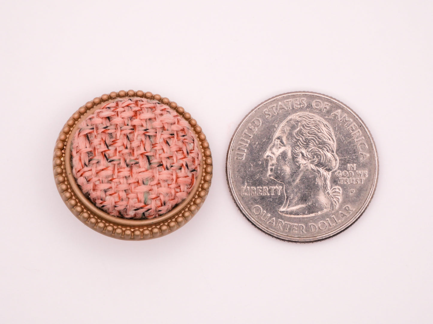 Pink Plaid Woven Fabric Soft Gold Metal Button 25mm