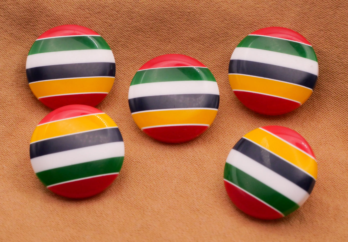 Nautical Stripes Red Green Blue Yellow Plastic Set of Five Buttons 14mm