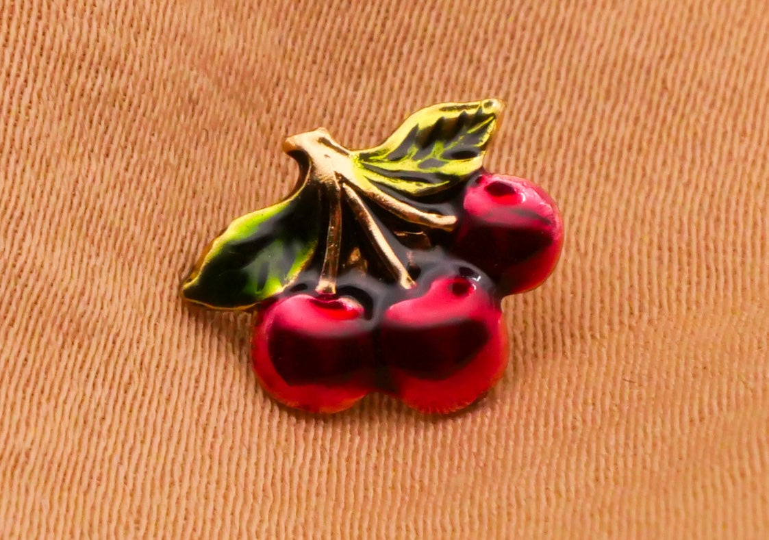 Cherry Hand-Painted Enamel Stamped Brass Metal Small Button 9x10mm