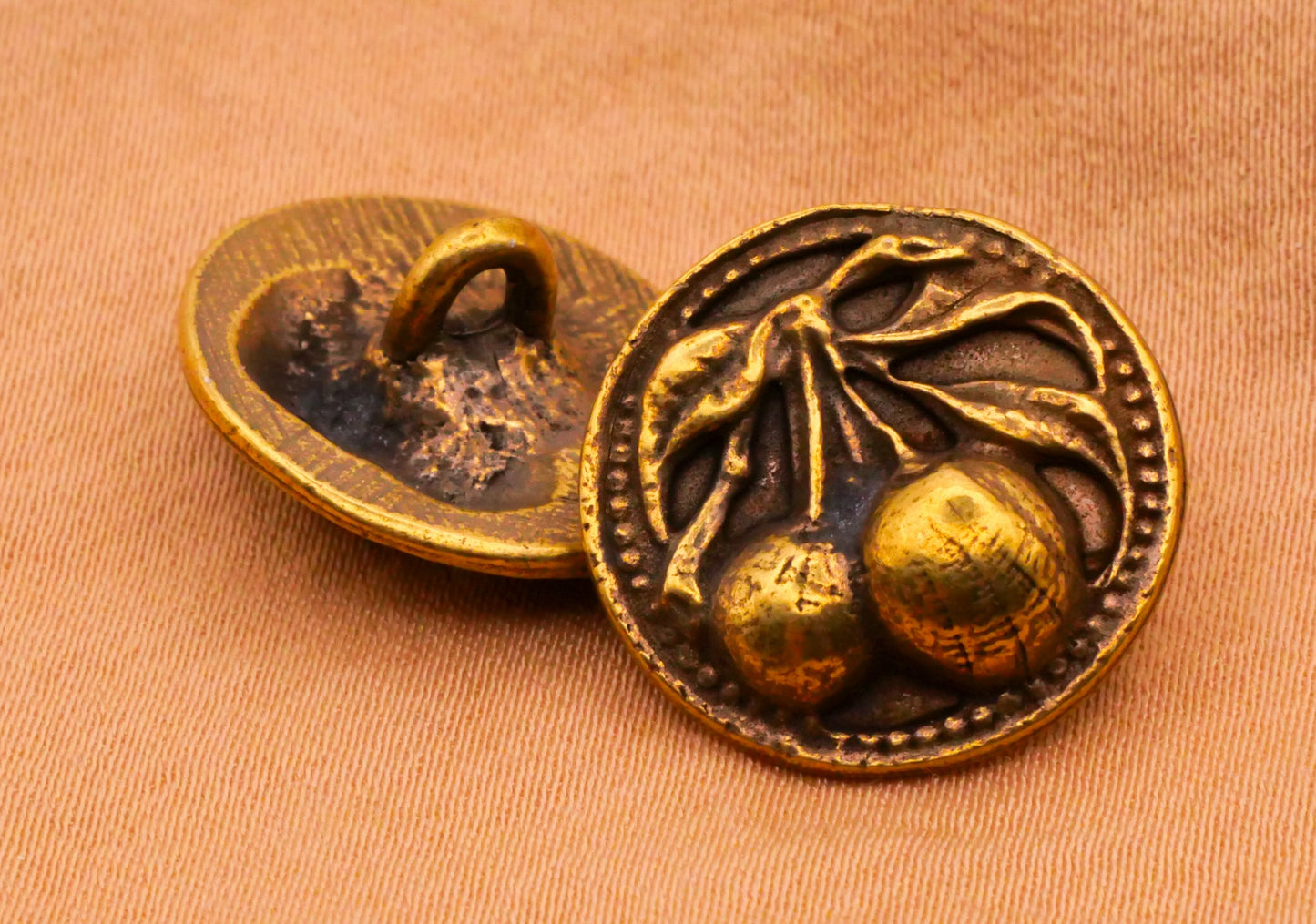 Cherry Cherries Realistic Antiqued Brass Metal Button 18mm