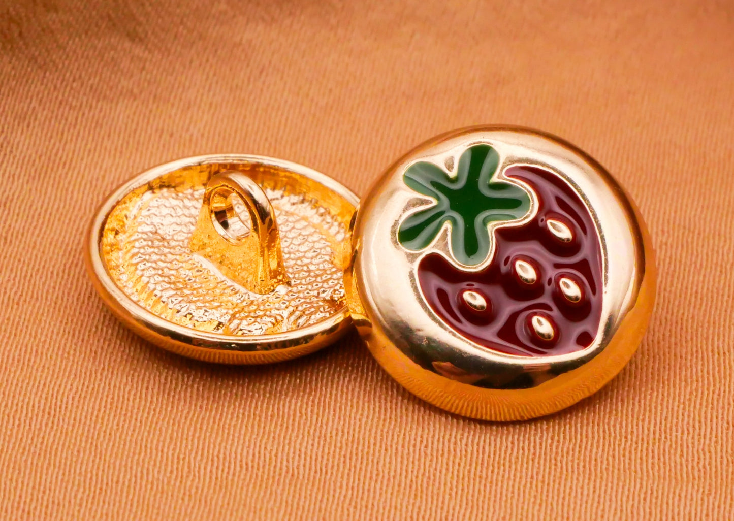 Strawberry Red Green Enamel Gold Metal Button 15mm