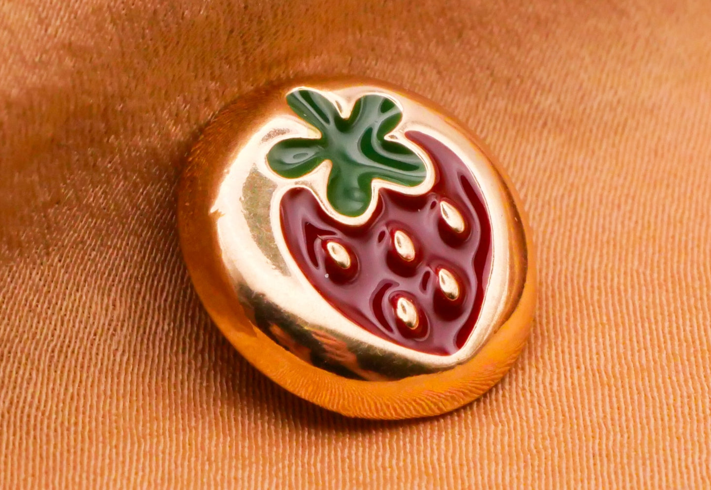 Strawberry Red Green Enamel Gold Metal Button 15mm