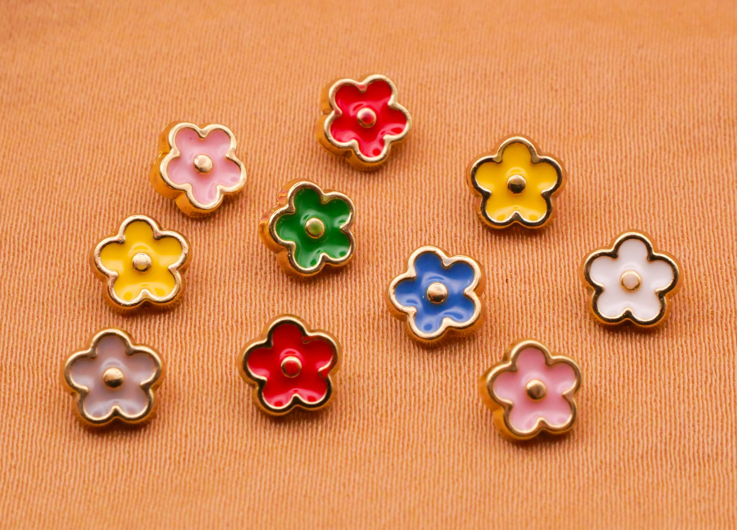 Tiny Flower Multi-Color Enamel Metallized Plastic Set of Ten Doll Buttons 6mm