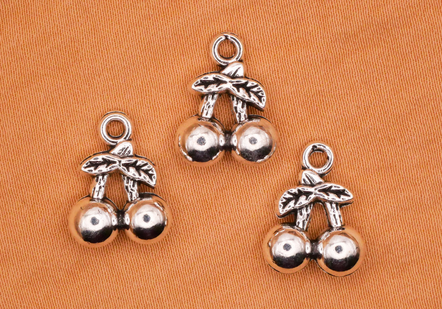 Cherry Three-Dimensional Silver Metal Set of Three Charms Embellishments 11x14mm