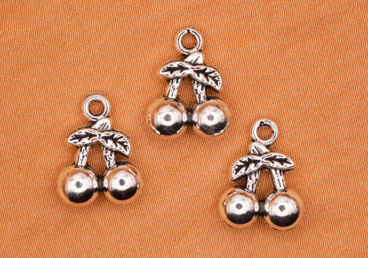 Cherry Three-Dimensional Silver Metal Set of Three Charms Embellishments 11x14mm