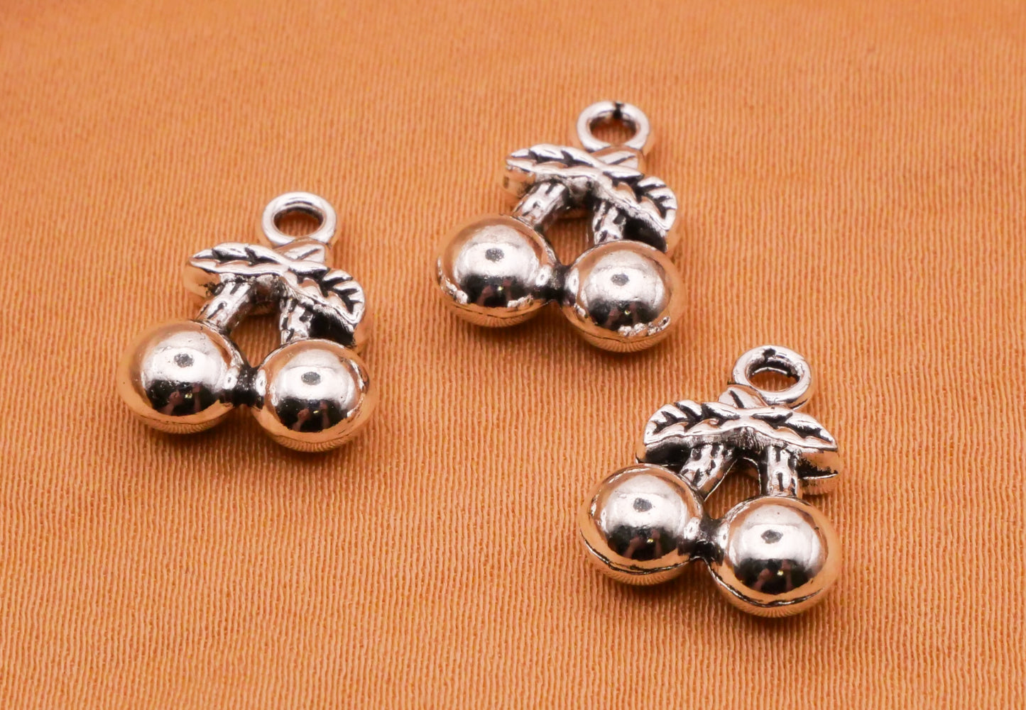 Cherry Three-Dimensional Silver Metal Set of Three Charms Embellishments 11x14mm