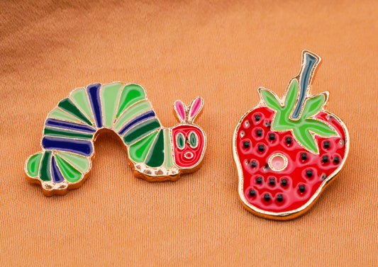 Hungry Hungry Caterpillar Strawberry Enamel Gold Metal Pair of Buttons 16-26mm