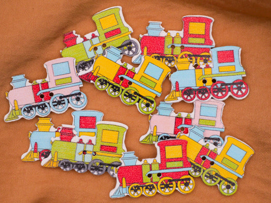 Train Engine Colorful Wood Sew-Thru Set of Ten Buttons 20x31mm