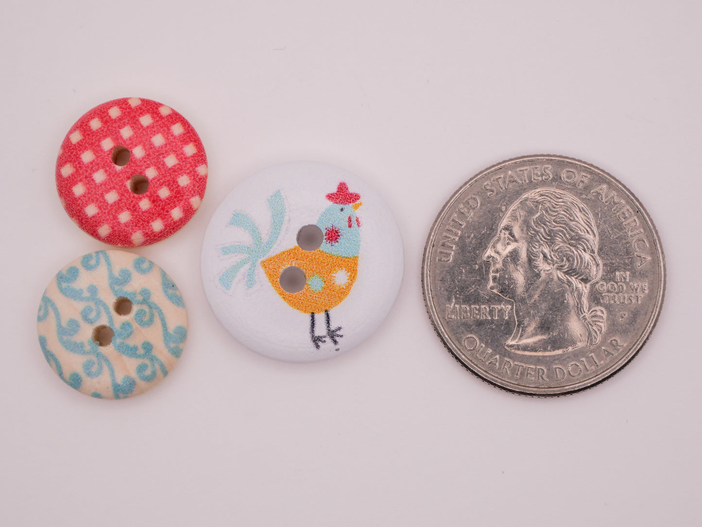 Rooster Chicken Gingham Red Aqua Yellow Wood Assorted Set of Twenty-Five Buttons 15-20mm